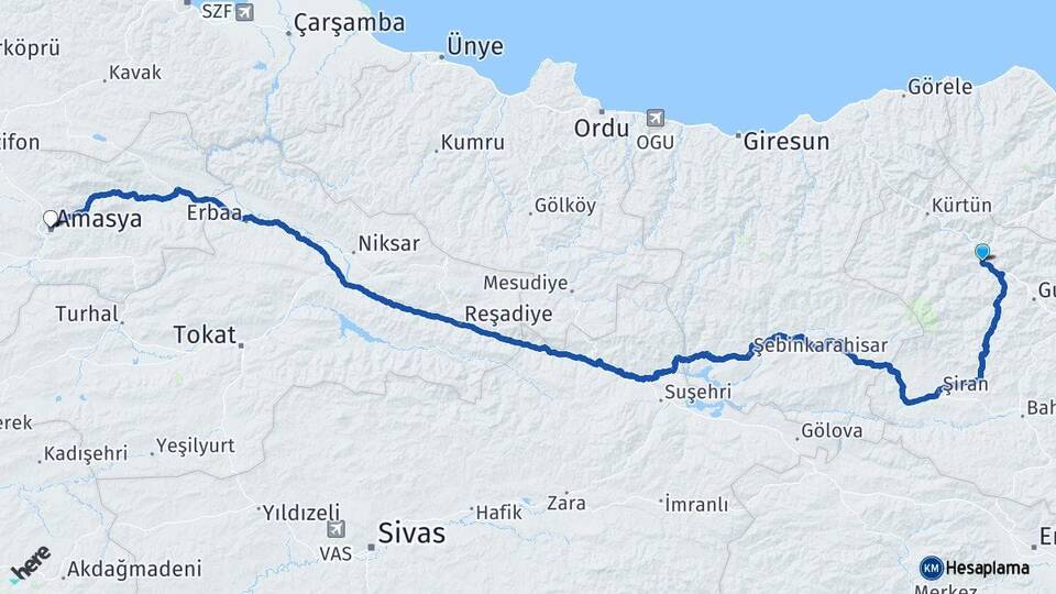 Gümüşhane Torul Amasya Arası Kaç Km - Yol Haritası