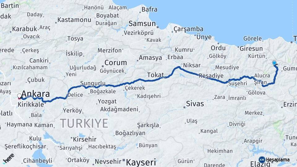 Gümüşhane Torul Ankara Arası Kaç Km - Yol Haritası