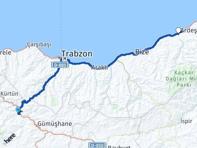 Gümüşhane Torul Ardeşen Rize Arası Kaç Km - Yol Haritası