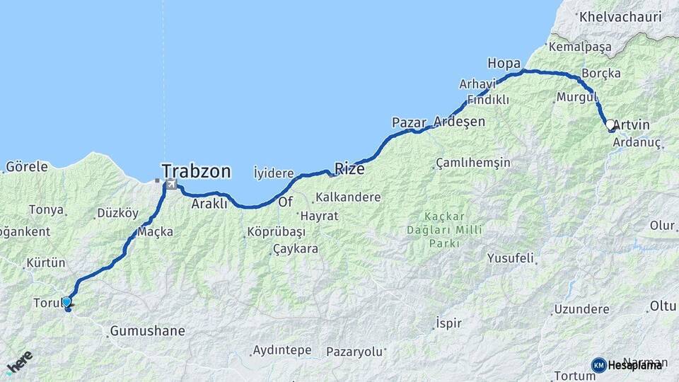 Gümüşhane Torul Artvin Arası Kaç Km - Yol Haritası