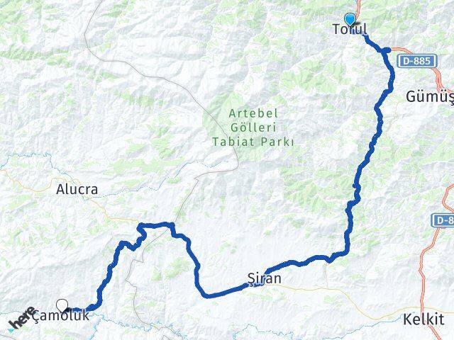 Gümüşhane Torul Çamoluk Giresun Arası Kaç Km - Yol Haritası
