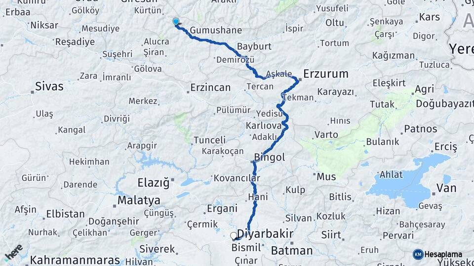 Gümüşhane Torul Diyarbakır Arası Kaç Km - Yol Haritası
