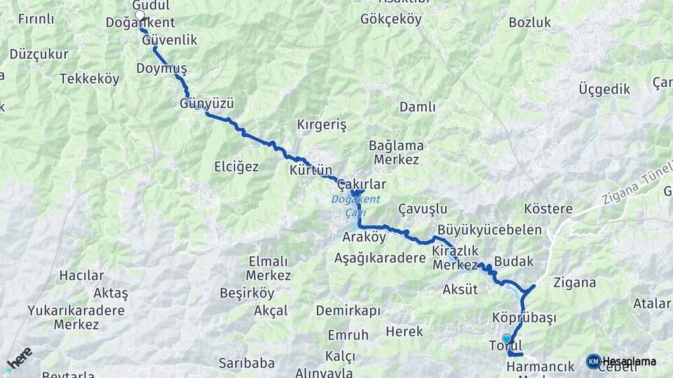 Gümüşhane Torul Doğankent Giresun Arası Kaç Km - Yol Haritası