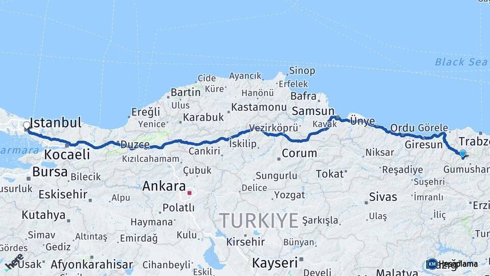 Gümüşhane Torul İstanbul Arası Kaç Km - Yol Haritası