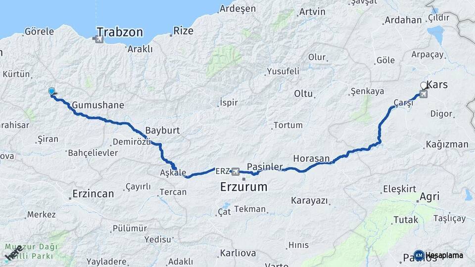 Gümüşhane Torul Kars Arası Kaç Km - Yol Haritası