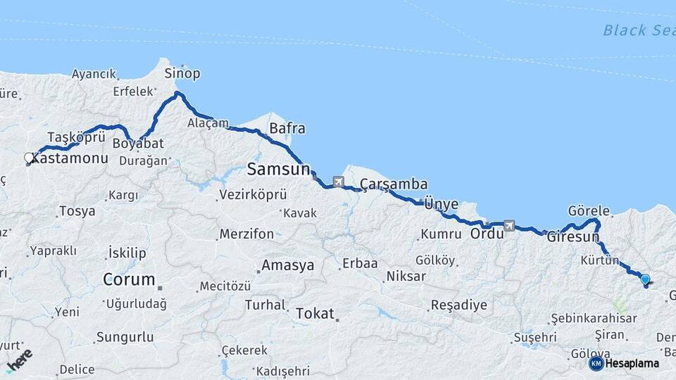 Gümüşhane Torul Kastamonu Arası Kaç Km - Yol Haritası