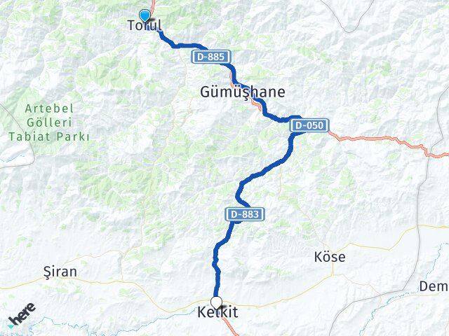 Gümüşhane Torul Kelkit Arası Kaç Km - Yol Haritası
