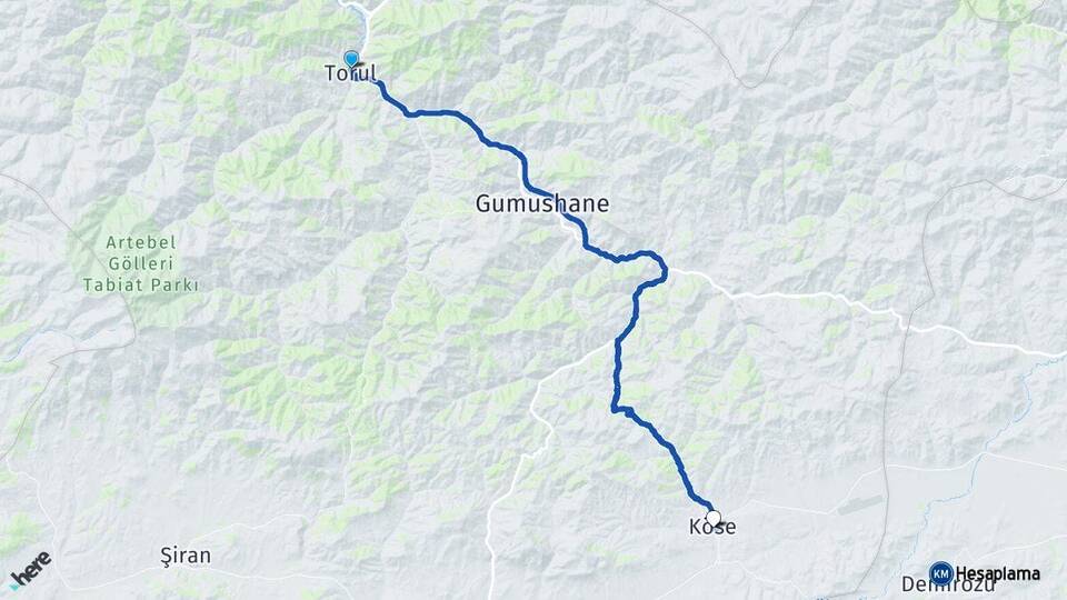 Gümüşhane Torul Köse Arası Kaç Km - Yol Haritası