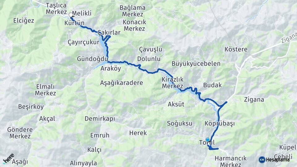 Gümüşhane Torul Kürtün Arası Kaç Km - Yol Haritası