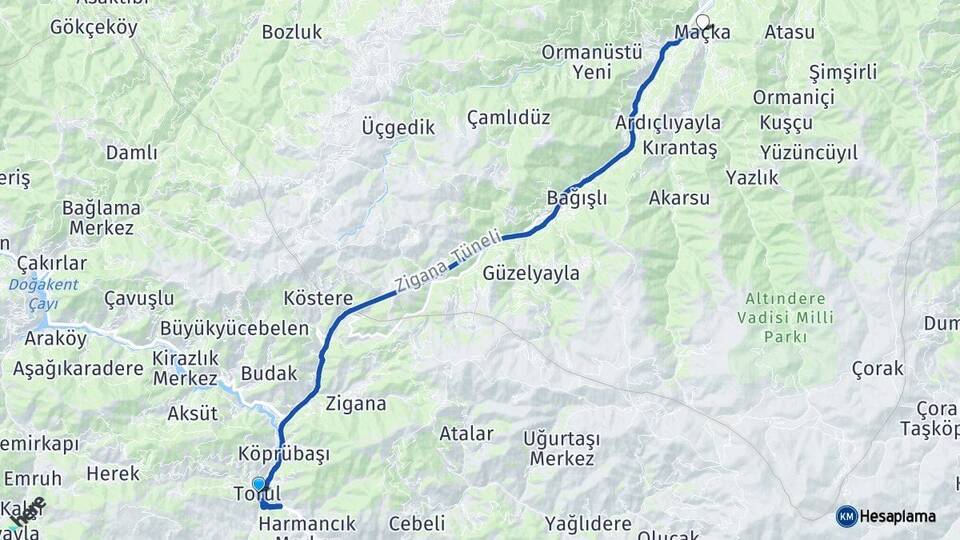 Gümüşhane Torul Maçka Trabzon Arası Kaç Km - Yol Haritası