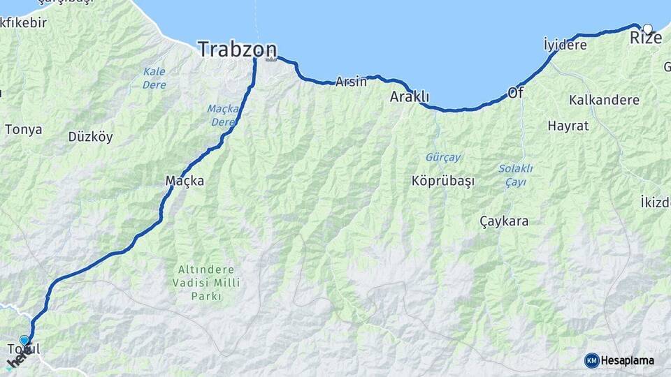 Gümüşhane Torul Rize Arası Kaç Km - Yol Haritası