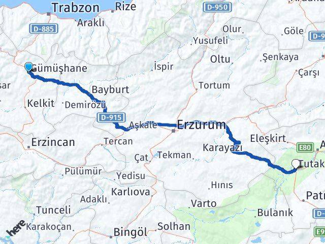 Gümüşhane Tutak Ağrı Arası Kaç Km - Yol Haritası