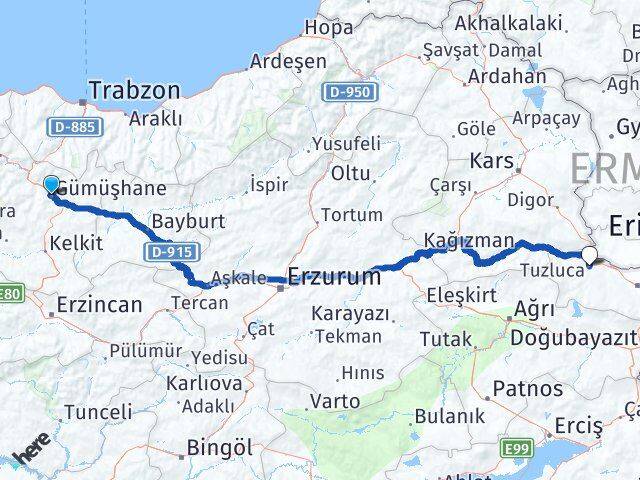 Gümüşhane Tuzluca Iğdır Arası Kaç Km - Yol Haritası