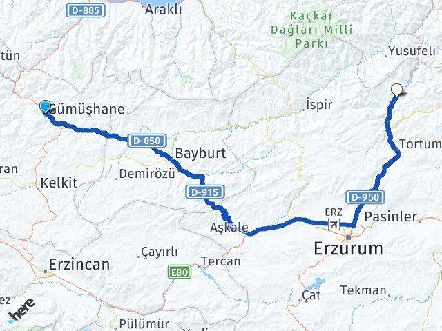 Gümüşhane Uzundere Erzurum Arası Kaç Km - Yol Haritası