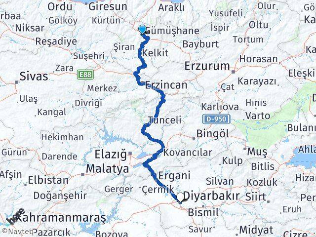 Gümüşhane Yenişehir Diyarbakır Arası Kaç Km - Yol Haritası