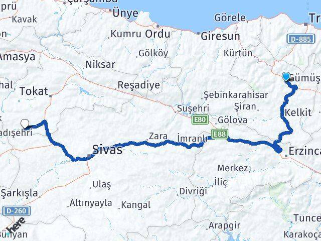 Gümüşhane Yeşilyurt Tokat Arası Kaç Km - Yol Haritası