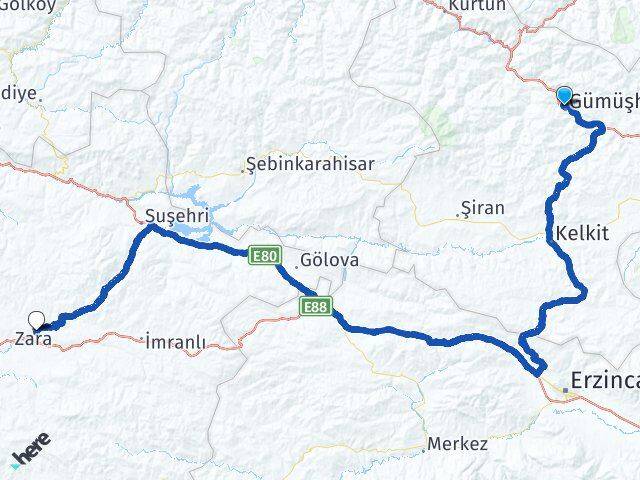 Gümüşhane Zara Sivas Arası Kaç Km - Yol Haritası