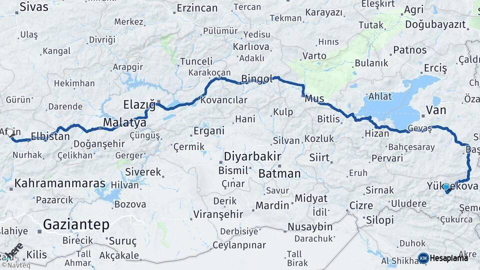 Hakkari Afşin Kahramanmaraş Arası Kaç Km - Yol Haritası