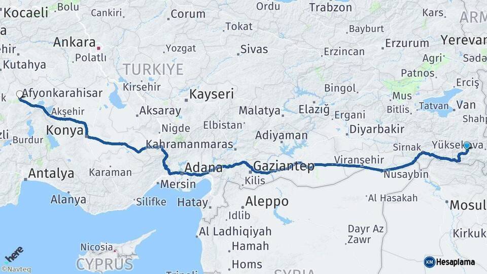 Hakkari Afyonkarahisar Arası Kaç Km - Yol Haritası