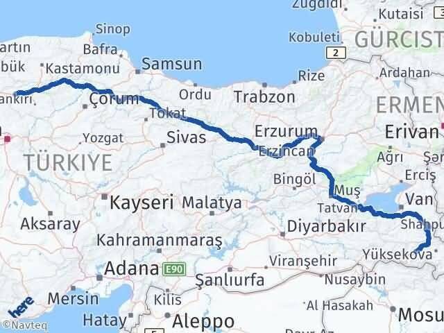 Hakkari Atkaracalar Çankırı Arası Kaç Km - Yol Haritası