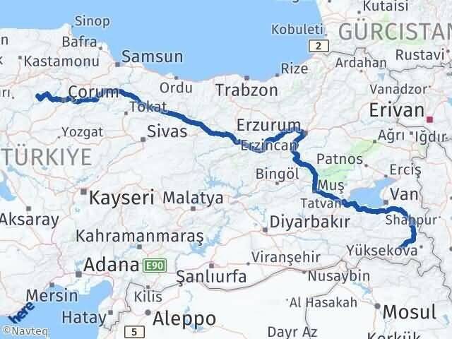 Hakkari Bayat Çorum Arası Kaç Km - Yol Haritası