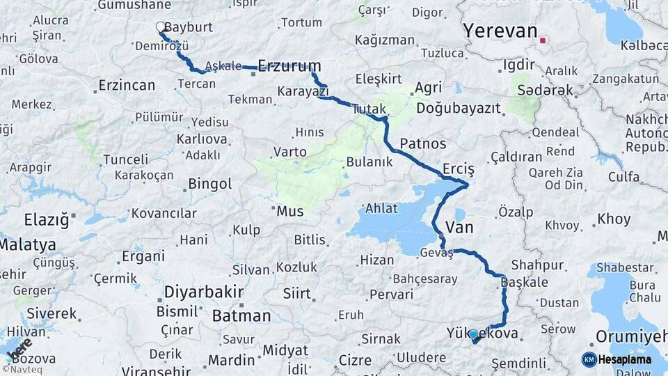 Hakkari Bayburt Arası Kaç Km - Yol Haritası