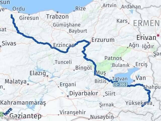 Hakkari Çamaş Ordu Arası Kaç Km - Yol Haritası