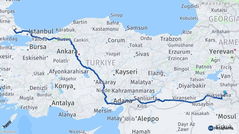 Hakkari Çerkezköy Tekirdağ Arası Kaç Km - Yol Haritası