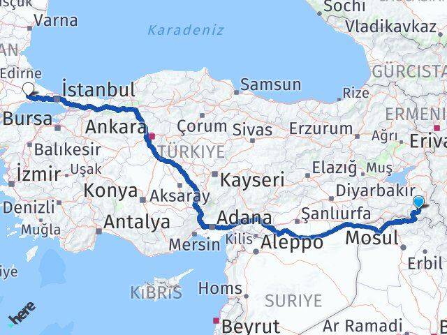 Hakkari Çorlu Tekirdağ Arası Kaç Km - Yol Haritası