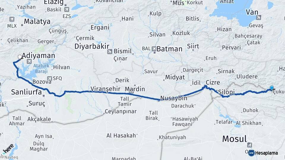 Hakkari Çukurca Adıyaman Arası Kaç Km - Yol Haritası