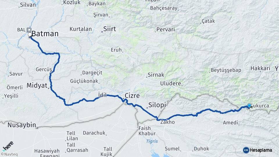 Hakkari Çukurca Batman Arası Kaç Km - Yol Haritası