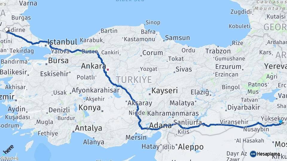 Hakkari Çukurca Edirne Arası Kaç Km - Yol Haritası