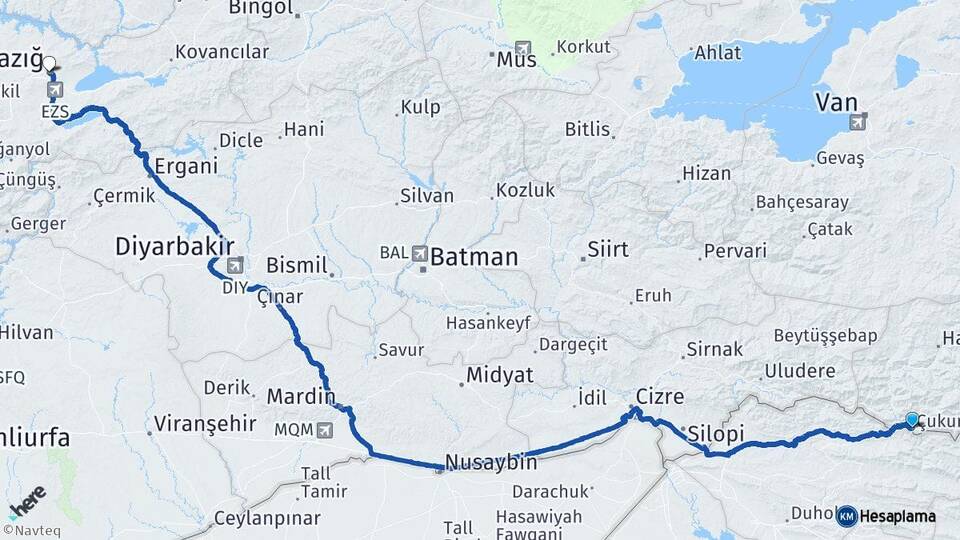 Hakkari Çukurca Elazığ Arası Kaç Km - Yol Haritası