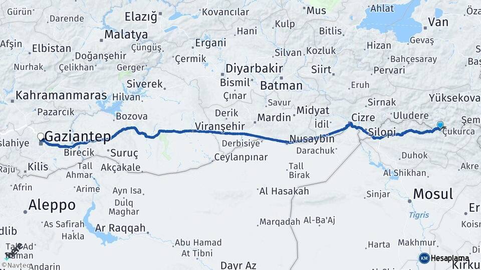 Hakkari Çukurca Gaziantep Arası Kaç Km - Yol Haritası