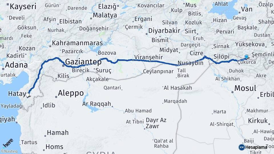Hakkari Çukurca Hatay Arası Kaç Km - Yol Haritası