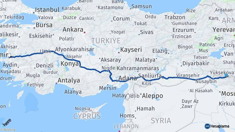 Hakkari Çukurca İzmir Arası Kaç Km - Yol Haritası