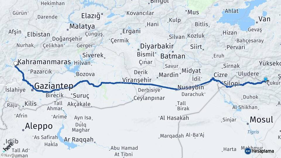 Hakkari Çukurca Kahramanmaraş Arası Kaç Km - Yol Haritası