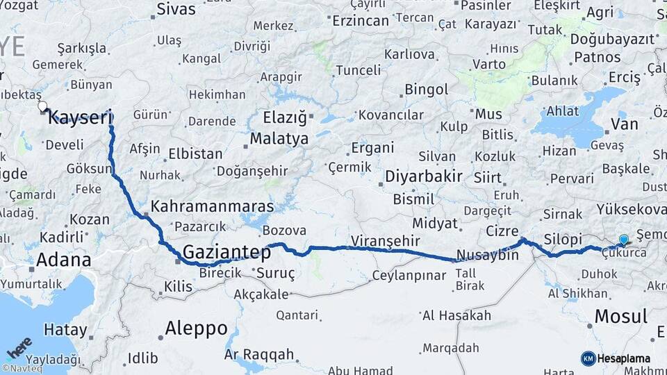 Hakkari Çukurca Kayseri Arası Kaç Km - Yol Haritası