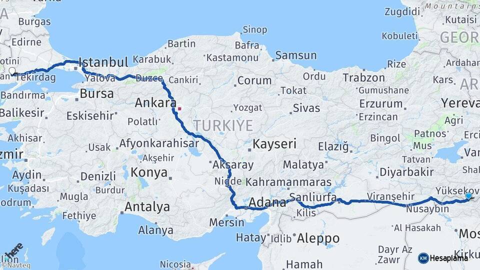 Hakkari Çukurca Keşan Edirne Arası Kaç Km - Yol Haritası