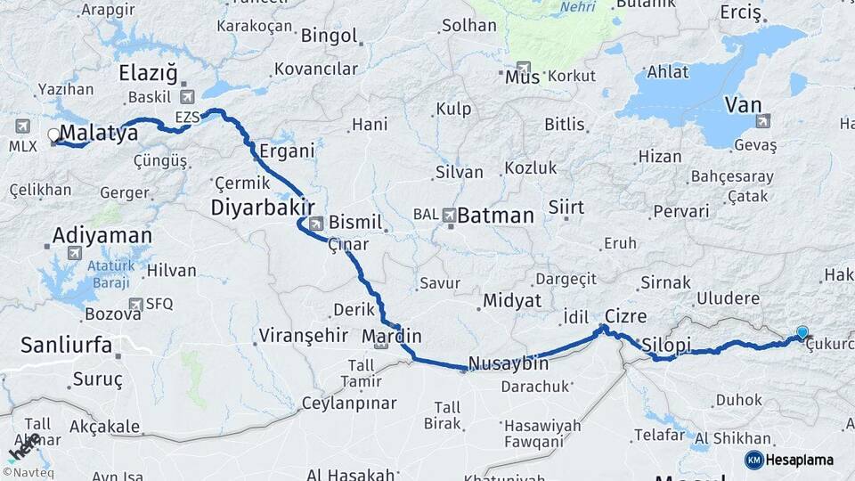 Hakkari Çukurca Malatya Arası Kaç Km - Yol Haritası