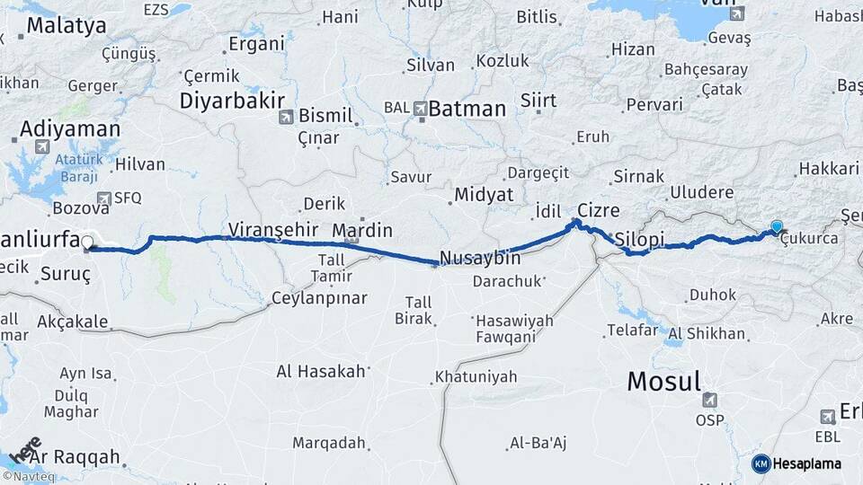Hakkari Çukurca Şanlıurfa Arası Kaç Km - Yol Haritası