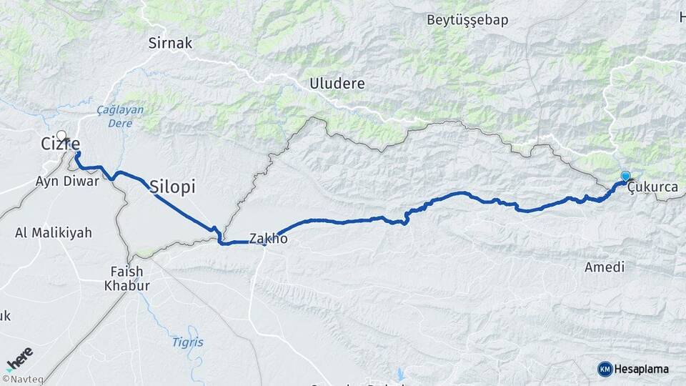 Hakkari Çukurca Üzümlü Cizre Şırnak Arası Kaç Km - Yol Haritası