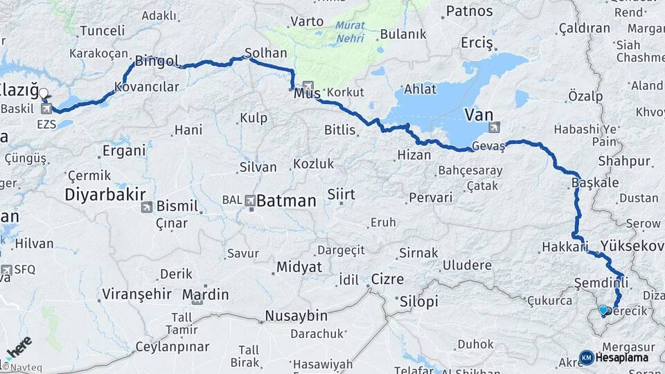 Hakkari Derecik Elazığ Arası Kaç Km - Yol Haritası
