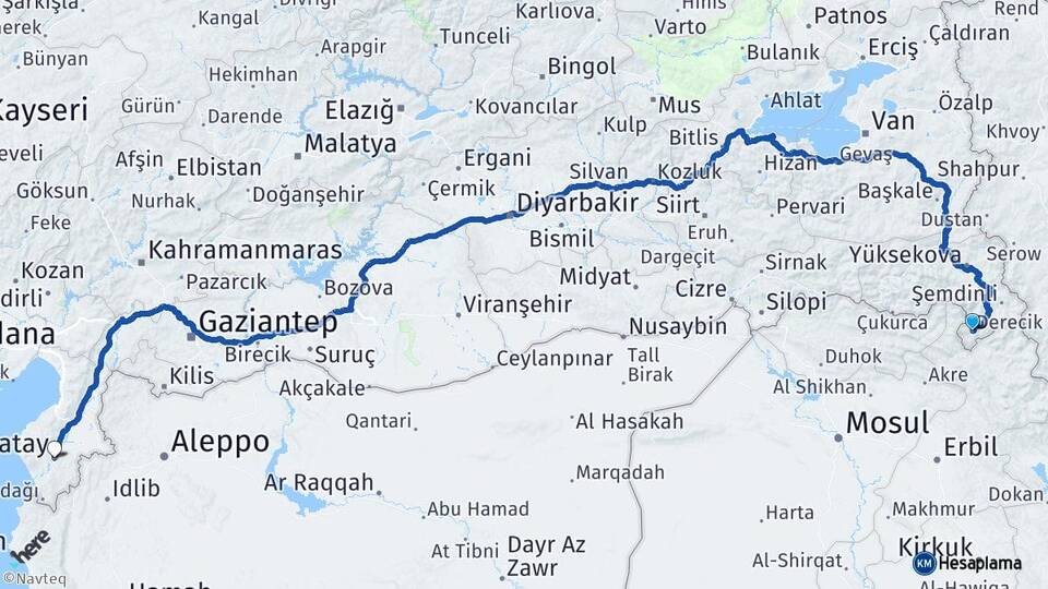 Hakkari Derecik Hatay Arası Kaç Km - Yol Haritası