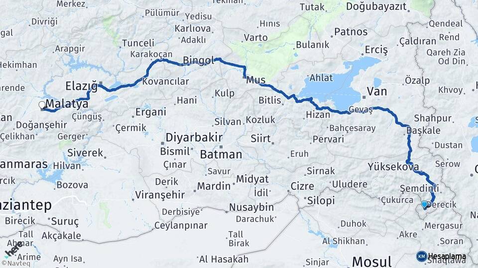 Hakkari Derecik Malatya Arası Kaç Km - Yol Haritası