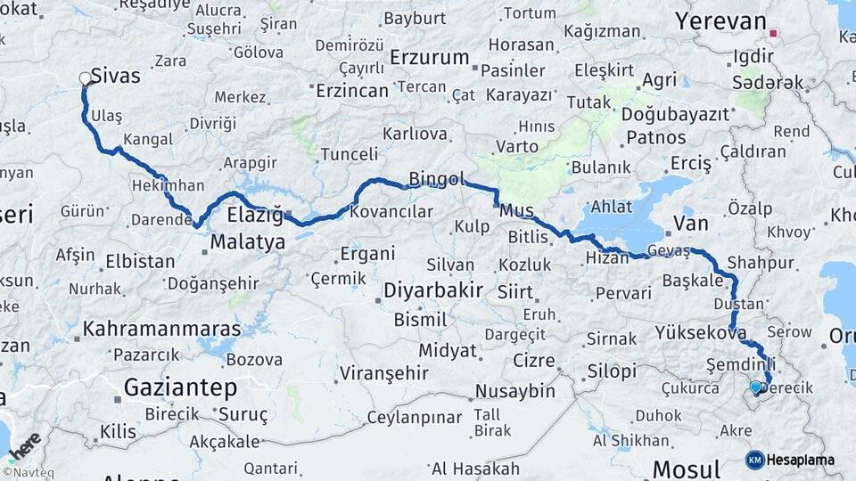 Hakkari Derecik Sivas Arası Kaç Km - Yol Haritası