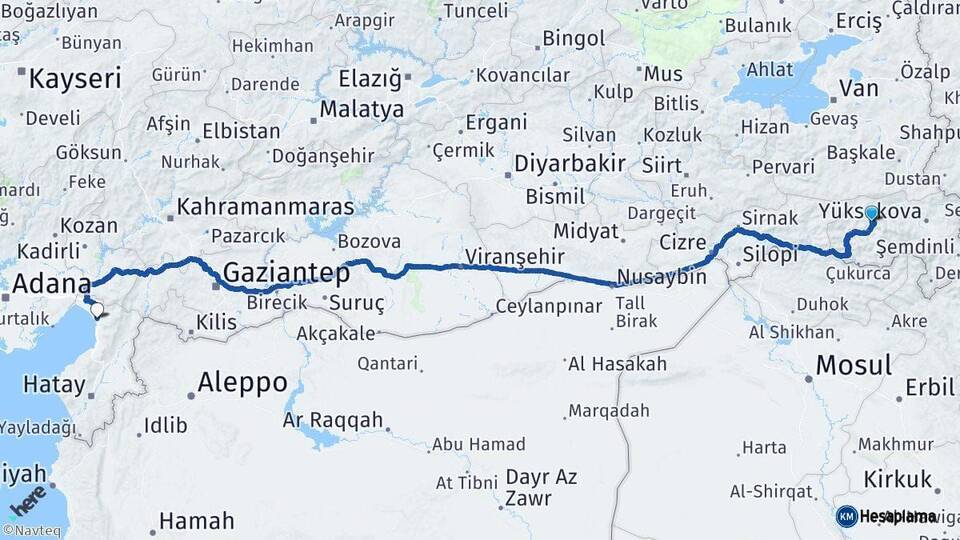 Hakkari Dörtyol Hatay Arası Kaç Km - Yol Haritası