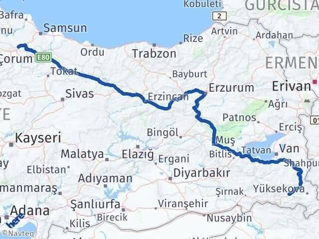 Hakkari Havza Samsun Arası Kaç Km - Yol Haritası