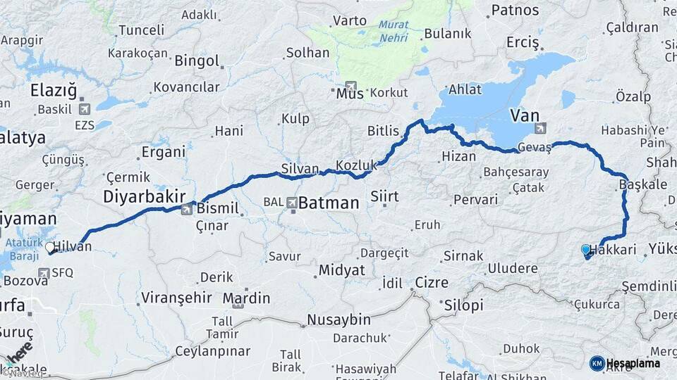Hakkari Hilvan Şanlıurfa Arası Kaç Km - Yol Haritası