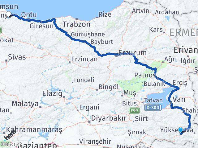 Hakkari İkizce Ordu Arası Kaç Km - Yol Haritası